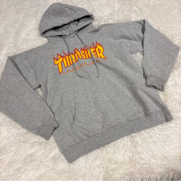 Thrasher Skateboards Flame Fire Heather Grey Logo Hoodie Sweatshirt Mens Small - Picture 2 of 10